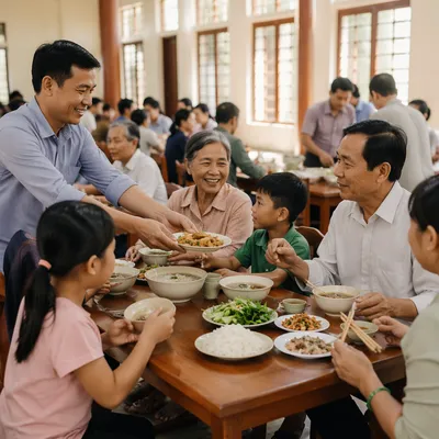 Vietnamese Families Sharing Meal in Church Hall