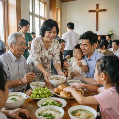 Vietnamese Families Sharing Meal in Parish Hall