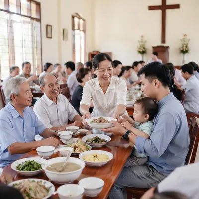 Vietnamese Families Sharing Meal in Parish Hall