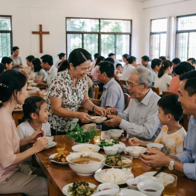 Vietnamese Families Sharing Meal in Church Hall