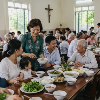 Vietnamese Families Sharing Meal in Parish Hall