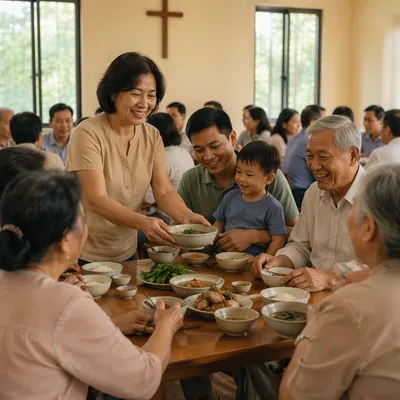 Vietnamese Families Sharing Meal in Community Hall