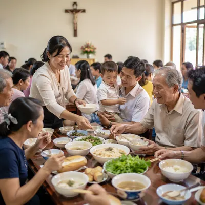 Vietnamese Families Sharing Meal in Parish Hall