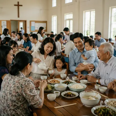 Vietnamese Families Sharing Meal in Parish Hall