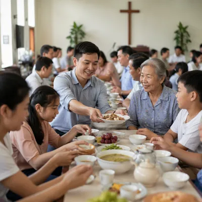 Vietnamese Families Sharing Meal in Church Hall