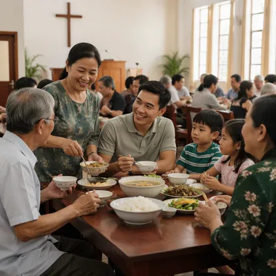 Vietnamese Families Sharing Meal in Church Hall