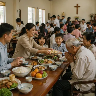 Vietnamese Families Sharing Meal in Parish Hall
