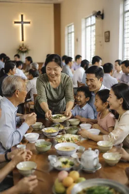 Vietnamese Families Sharing Meal in Parish Hall