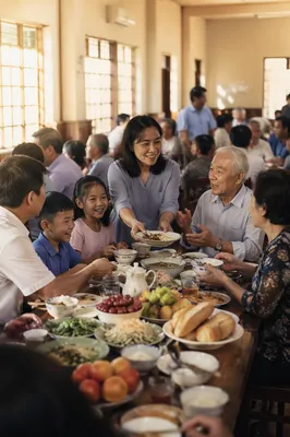Vietnamese Families Sharing Meal in Community Hall