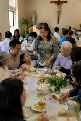 Vietnamese Families Sharing Meal in Parish Hall