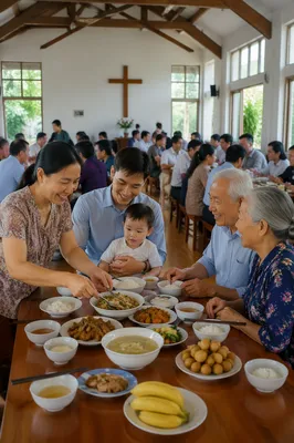 Vietnamese Families Sharing Meal in Community Hall