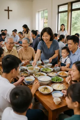 Vietnamese Families Sharing Meal in Community Hall