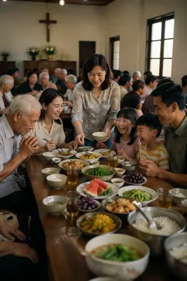 Vietnamese Families Sharing a Fellowship Meal