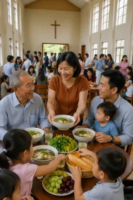 Vietnamese Families Sharing Meal in Parish Hall