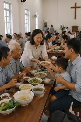Vietnamese Families Sharing a Fellowship Meal