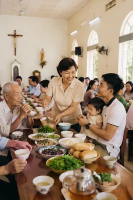 Vietnamese Families Sharing Meal in Parish Hall