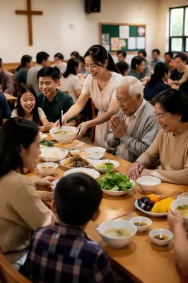 Vietnamese Families Sharing Meal in Parish Hall