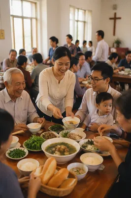 Vietnamese Families Sharing Meal in Parish Hall