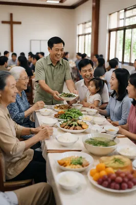 Vietnamese Congregation Sharing Meal in Church Hall