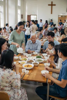 Vietnamese Families Sharing Meal in Parish Hall