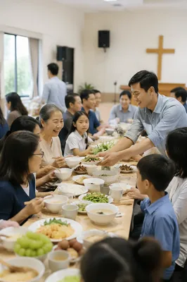 Vietnamese Families Sharing Meal in Church Hall