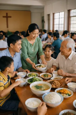 Vietnamese Families Sharing Meal in Church Hall