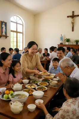 Vietnamese Families Sharing Meal in Parish Hall