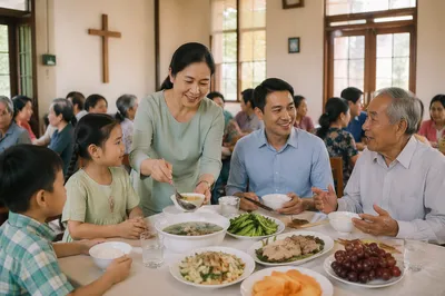 Vietnamese Families Sharing Meal in Church Hall