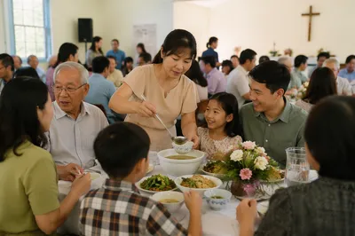 Vietnamese Families Sharing Meal in Parish Hall