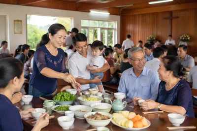 Vietnamese Families Sharing Meal in Community Hall