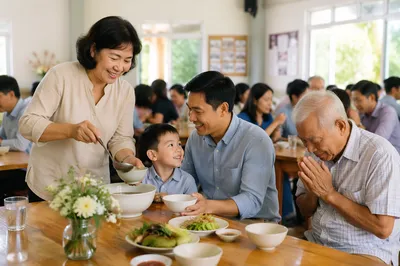 Vietnamese Families Sharing Meal in Church Hall