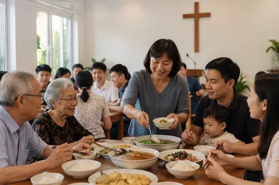 Vietnamese Families Sharing Meal in Community Hall