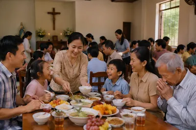 Vietnamese Families Sharing a Fellowship Meal