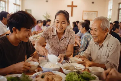 Vietnamese Families Sharing Meal in Parish Hall