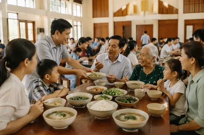 Vietnamese Families Sharing Meal in Church Hall