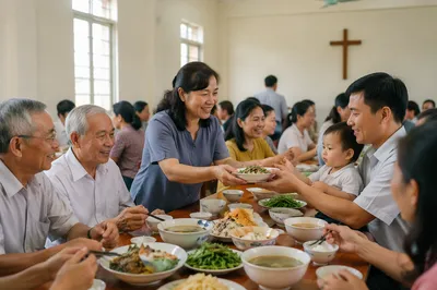 Vietnamese Families Sharing Meal in Parish Hall