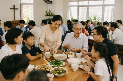 Vietnamese Families Sharing Meal in Church Hall