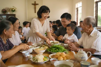 Vietnamese Families Sharing Meal in Parish Hall