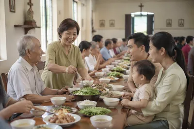 Vietnamese Family Meal in Bright Hall