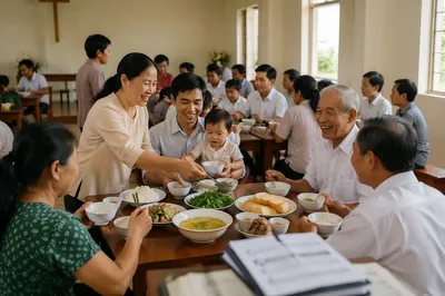 Vietnamese Families Sharing Meal in Parish Hall