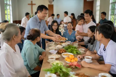 Vietnamese Congregation Sharing Meal in Church Hall