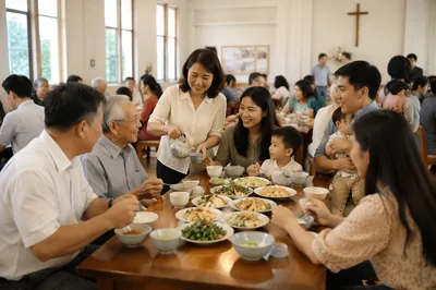 Vietnamese Families Sharing Meal in Parish Hall