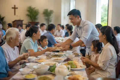 Vietnamese Families Sharing Meal in Church Hall