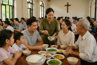Vietnamese Families Sharing Meal in Church Hall