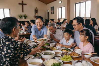 Vietnamese Families Sharing Meal in Parish Hall