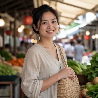 Vietnamese Woman Smiling in Open-Air Market