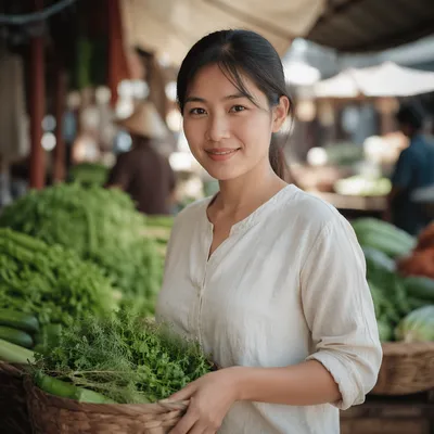 Vietnamese Woman Smiling in Open Air Market