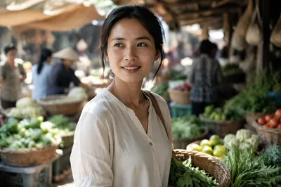 Vietnamese Woman Smiling in Open-Air Market
