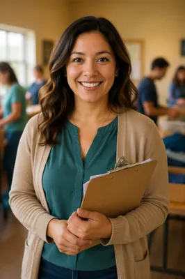 Warm Smiling Woman with Clipboard Portrait