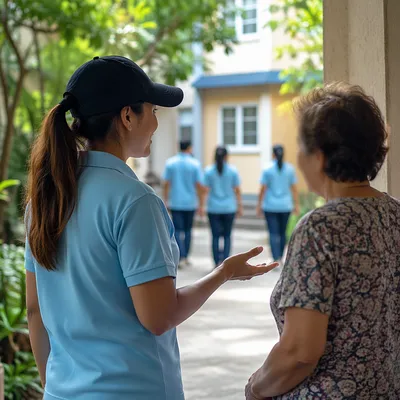 Volunteer Team Helping Neighbor in Courtyard